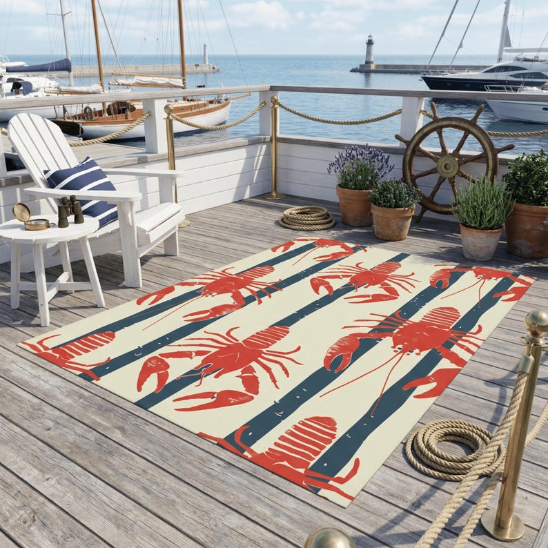 Patio Rug Coastal Lobster Design | Outdoor Nautical Area Rug | Non Slip Porch & Deck Rug | Beach House Decor afbeelding 3