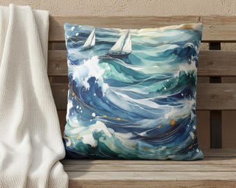 Nautical Blue Pillow Cover, Coastal Sailboat Cushion in Aquarelle Style, Ocean Themed Throw Pillow for Beach House Decor