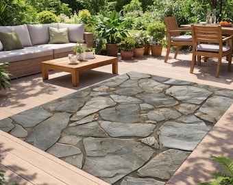 Outdoor Rug Stone Pattern Patio Rug, Garden Rug, Deck Rug, Terrace Decor, Waterproof Outdoor Carpet, Stone Floor Look Patio Mat