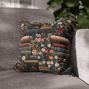 Book Pillow with Vintage Floral Books, Dark Cottagecore Pillow Cover, Book Lover Home Decor Cushion image 3