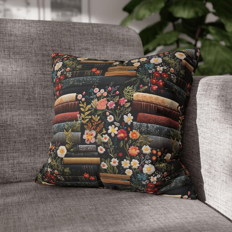 Book Pillow with Vintage Floral Books, Dark Cottagecore Pillow Cover, Book Lover Home Decor Cushion image 3