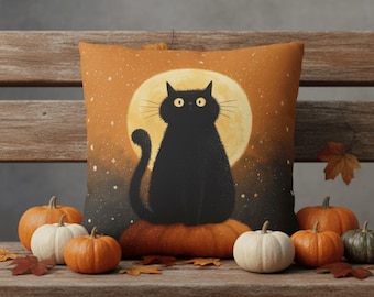 Halloween Pillow Cover Black Cat Design, Spooky Fall Decor for Living Room & Sofa , Moonlight Print Cushion Case