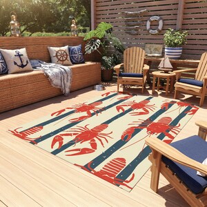 Patio Rug Coastal Lobster Design | Outdoor Nautical Area Rug | Non Slip Porch & Deck Rug | Beach House Decor afbeelding 1