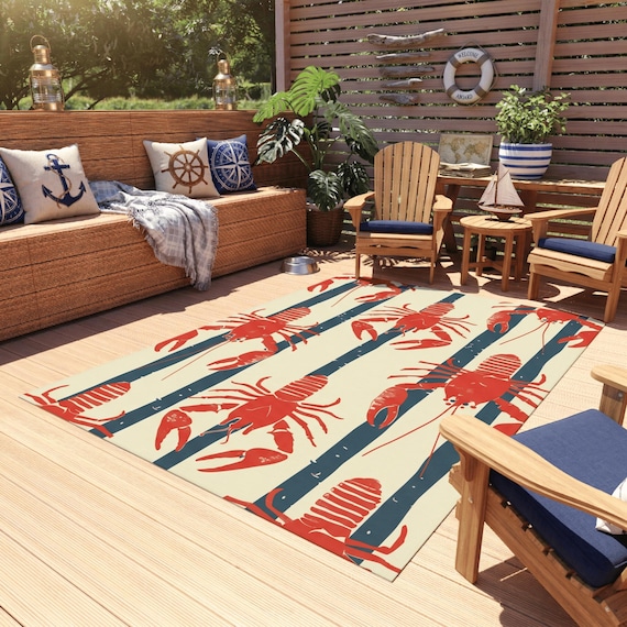 Patio Rug Coastal Lobster Design | Outdoor Nautical Area Rug | Non Slip Porch & Deck Rug | Beach House Decor