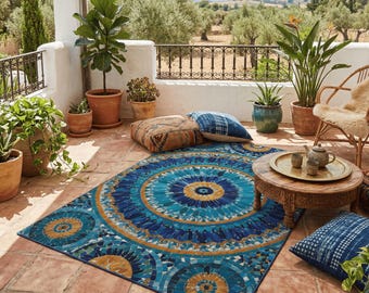 Teal Boho Outdoor Rug, Mandala Patio Carpet, Blue Mosaic Terrace Rug, Bohemian Garden Rug, Decorative Balcony Floor Rug