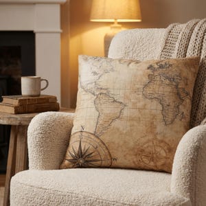 Può includere: Un cuscino decorativo con un design a mappa del mondo vintage. La mappa, nei toni del marrone e beige, presenta una rosa dei venti e contorni geografici dettagliati. È posto su una poltrona crema strutturata, suggerendo un ambiente accogliente.