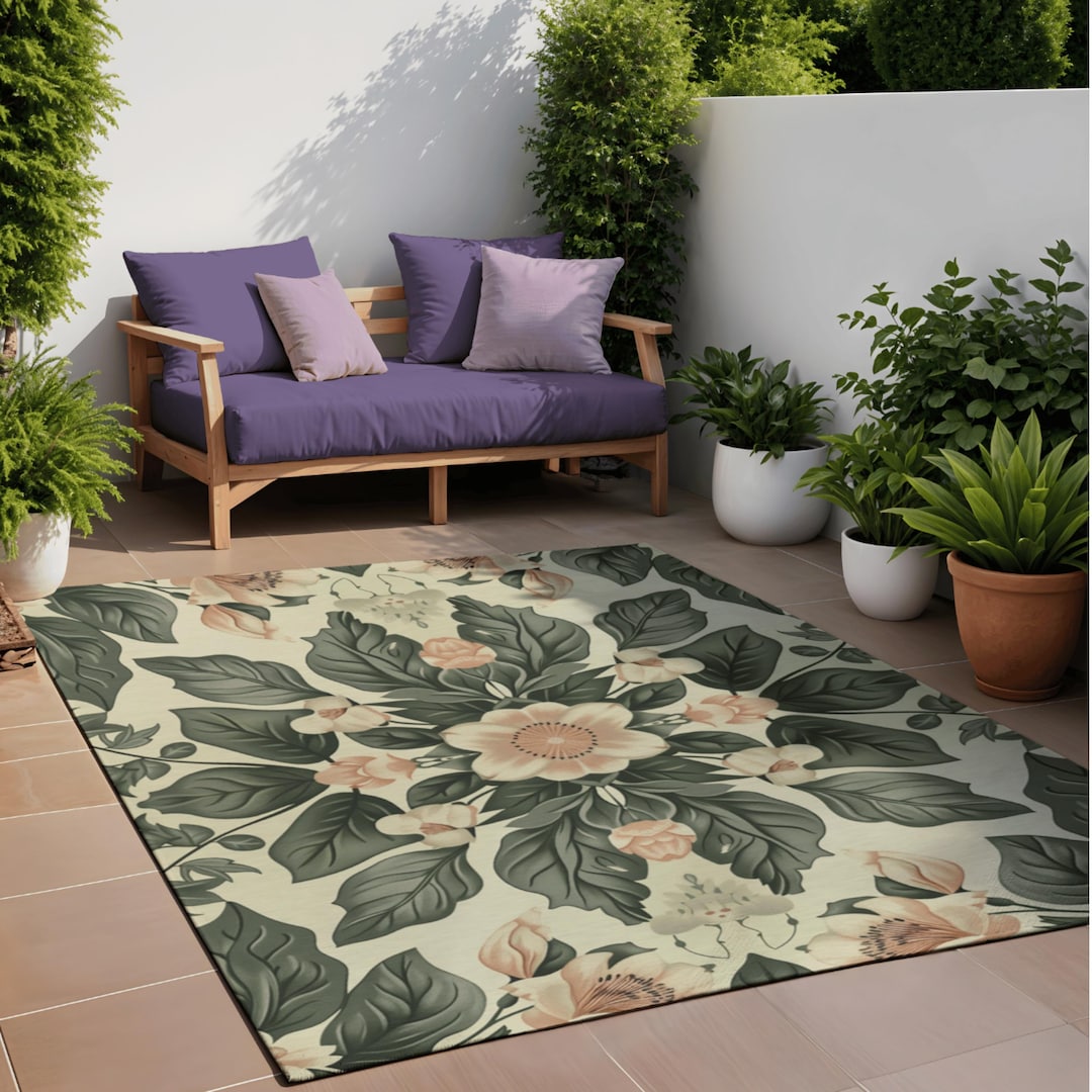 Botanical Outdoor Rug, Green Floral Patio Rug, Garden Deck Rug ...