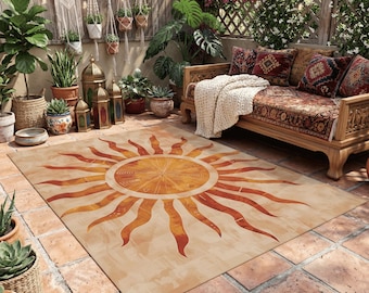 Boho Sun Outdoor Rug, Bohemian Patio Rug, Celestial Sun Area Rug, Boho Terrace Rug, Bohemian Deck Decor