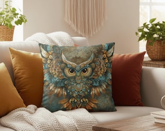 Owl Boho Pillow | Nature Inspired Cushion | Elegant Botanical Decor | Warm Earthy Tones