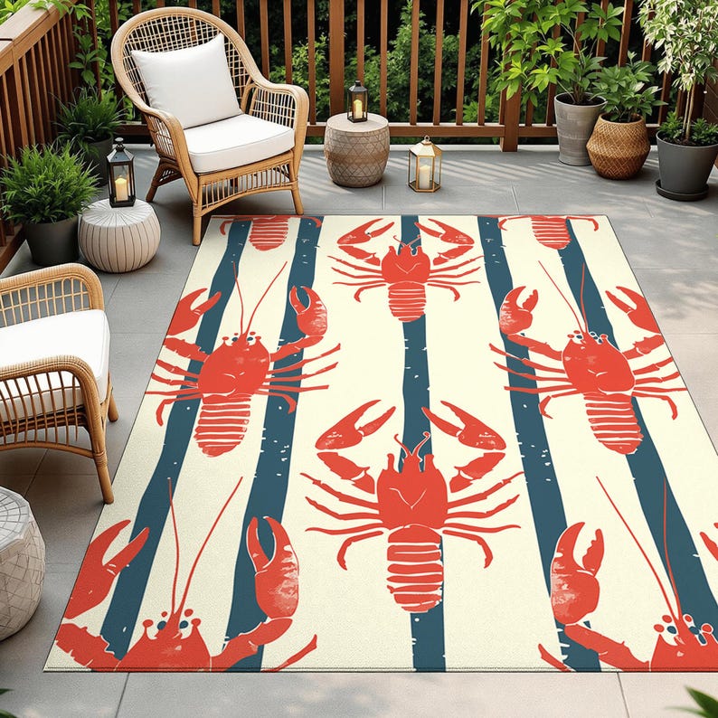 Patio Rug Coastal Lobster Design | Outdoor Nautical Area Rug | Non Slip Porch & Deck Rug | Beach House Decor afbeelding 2