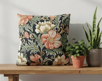 Black Floral William Morris Pillow Cover in Cream and Coral Vintage Style 14x14, 16x16, 18x18, 20x20