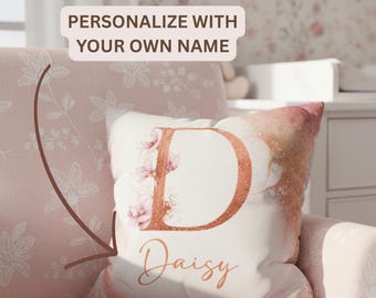 Personalized Birth Pillow, Letter D Cushion Cover with Baby Name, Beige and Pink Nursery Gift