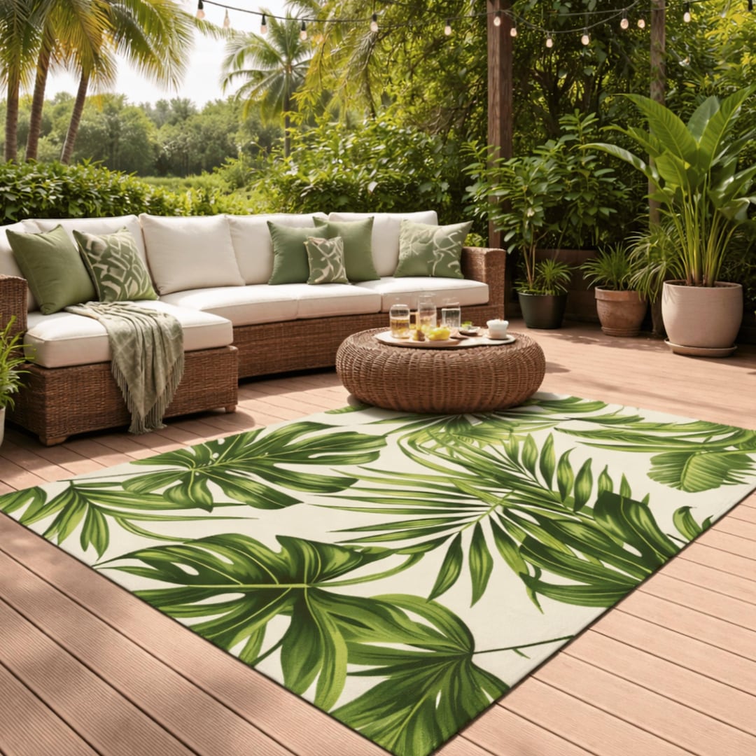 Green Palm Tree Outdoor Rug, Tropical Leaf Patio Rug, Botanical Garden ...