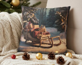 Christmas Pillow, Sleigh with Gifts Cushion, Cozy Winter Holiday Decor