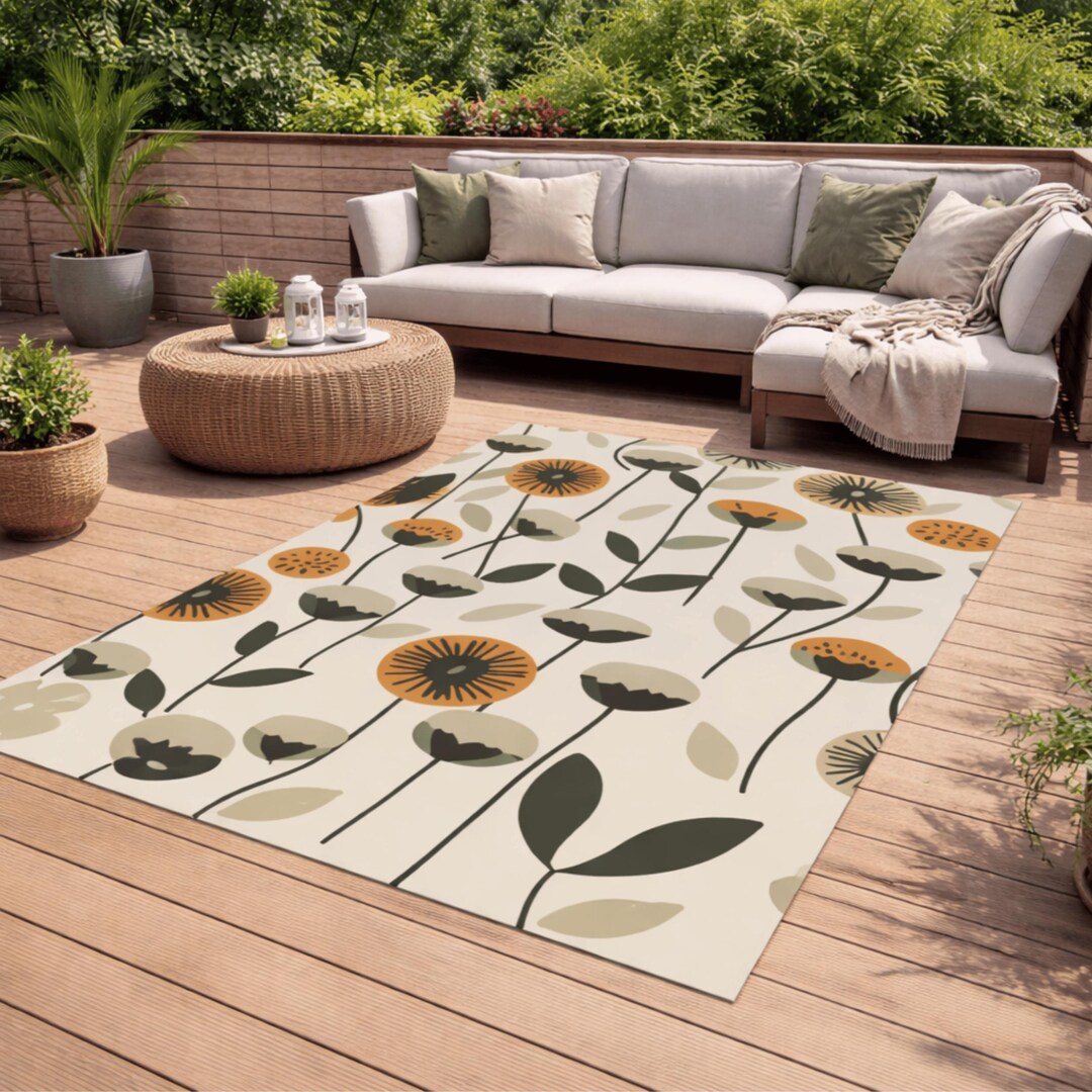 Outdoor Botanical Area Rug, Modern Floral Patio Rug, Garden Deck Rug ...