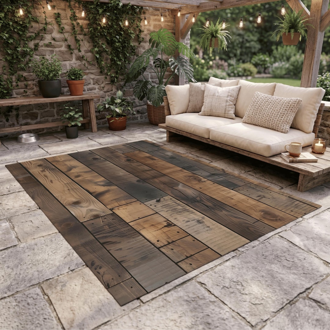 Sao Rug Rustic Wood Plank Patio Rug | Reclaimed Wood Look Outdoor Rug | Rustic ...
