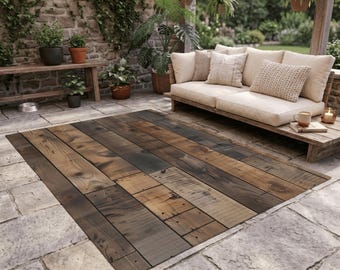 Rustic Wood Plank Patio Rug |  Reclaimed Wood Look Outdoor Rug | Rustic Patio Decor |Outdoor Area Rug