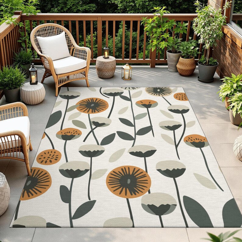 Outdoor Botanical Area Rug, Modern Floral Patio Rug, Garden Deck Rug ...