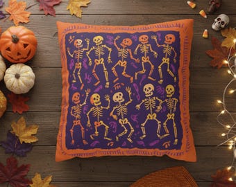 Skeleton Halloween Pillow, Funny Spooky Fall Cushion Cover for Cozy Seasonal Home Decor