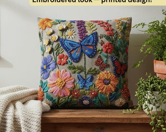 Floral Pillow Cover, Embroidered Look Cushion, Vintage Flower Print Home Decor