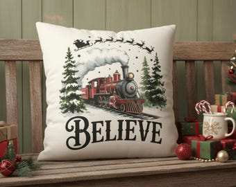 Vintage Christmas Pillow Cover, Red Train Believe Holiday Cushion, Cozy Farmhouse Xmas Decor