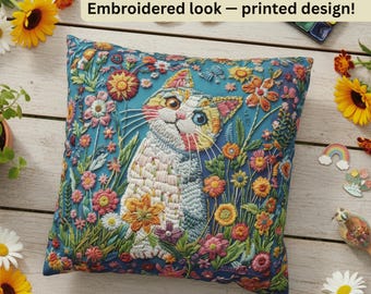 Cat Pillow Cover, Embroidered Look Kitten Print Cushion, Colorful Floral Home Decor