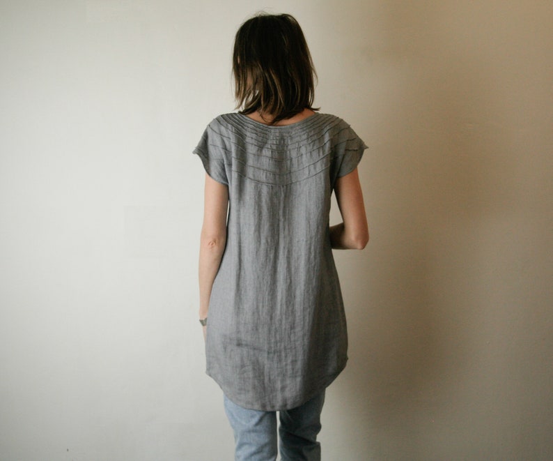 SALE grey linen tunic with pintuck details around shoulder line