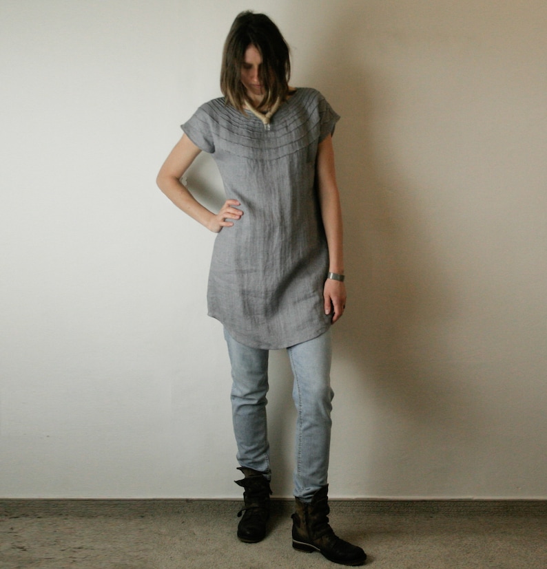 SALE grey linen tunic with pintuck details around shoulder line