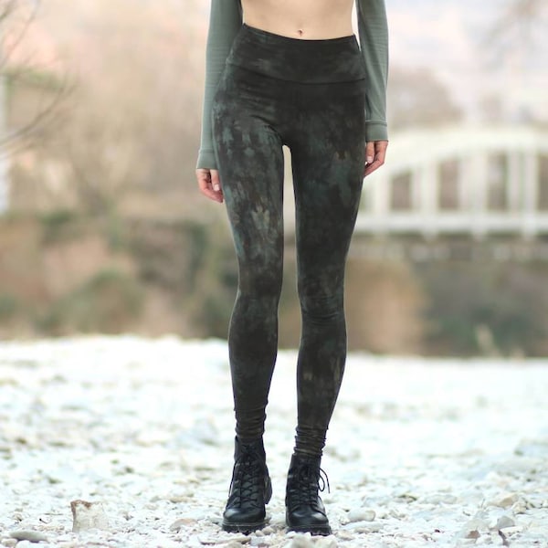 Dark Olive leggings //hand made and hand dyed high waist batik cotton stretch leggings in olive green shades