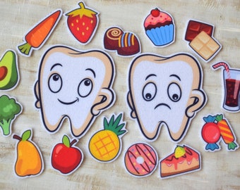 Brush your teeth Felt board Flannel educational toy Preschool teacher resource Tooth brushing Happy tooth Hygiene Children activity stories