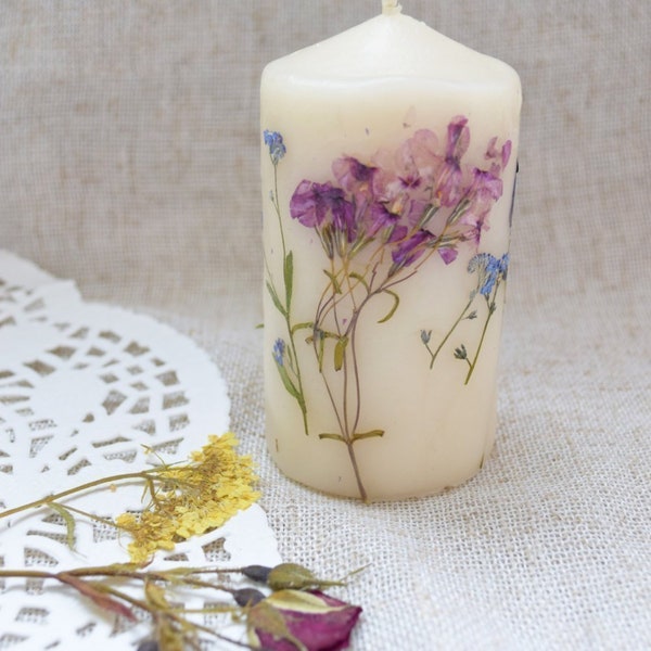 Floral candle Real flower candle Spring Wedding decor party favors Botanical pillar candle Bridal shower gift mom birthday Girlfriend Summer