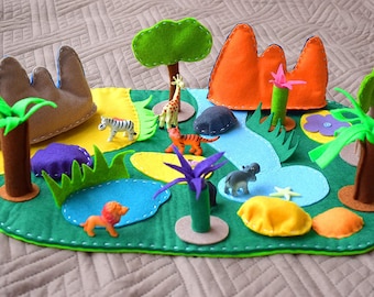 Tappeto da gioco in feltro Africa con 6 animali, set da gioco, piccolo mondo, gioco di finzione, viaggio, giocattolo educativo, paesaggio di gioco, Savvanah, tappeti per bambini