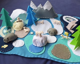 Arctic Play Mat Christmas world gift Felt Waldorf Play Set Small World Pretend Play Travel Educational toy Playscape Polar Animals Snow Play