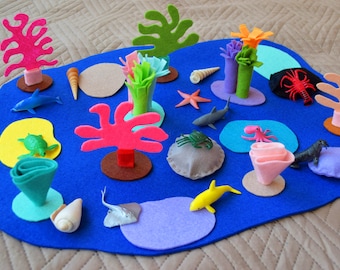 Tappeto da gioco oceanico, barriera corallina, giocattolo per bambini, in feltro, per la scuola materna, Montessori, gioco di finzione, arrotolabile, sotto il mare, asilo nido costiero, vita marina