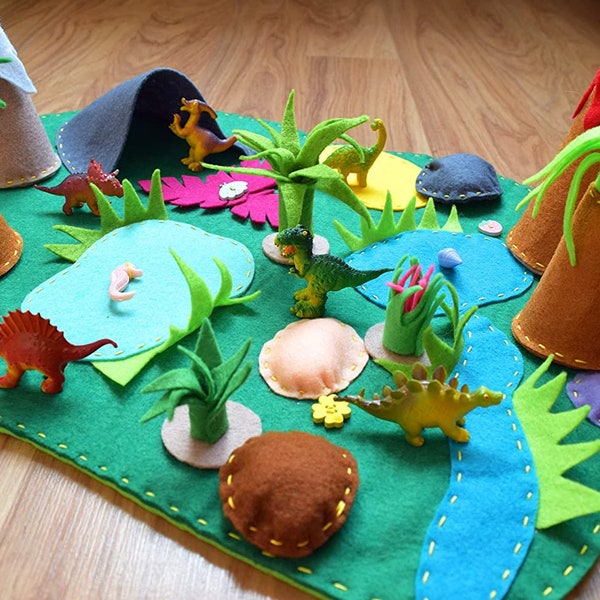 Dino Felt Play Mat with 6 dinosaurs Christmas gift Waldorf Set Small World for kids Pretend Play Educational toy Jurassic land Playscape