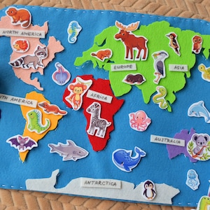 Filz Weltkarte mit 48 Tieren Spielmatte Set Kontinente Montessori Geographie Kleine Welt Spiellandschaft Spielfiguren Kinderzimmer Dekor