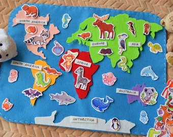 Mappa del mondo in feltro con 48 animali Set tappetino da gioco Continenti Educativo Montessori Geografia Piccolo mondo Playscape Figure di animali Decorazione della scuola materna