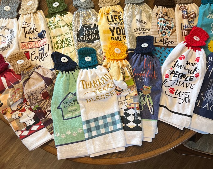 Crochet Top Towel, Hanging Kitchen Towel, Buttonon Towel, Dish Towel, Double Layer Towel