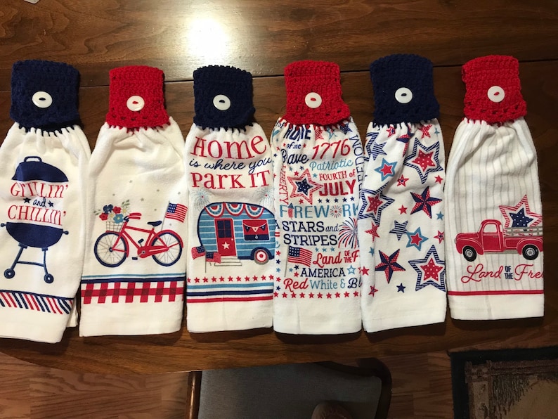Cute Patriotic kitchen towels with crochet tops, kitchen towels with crochet towel tops 