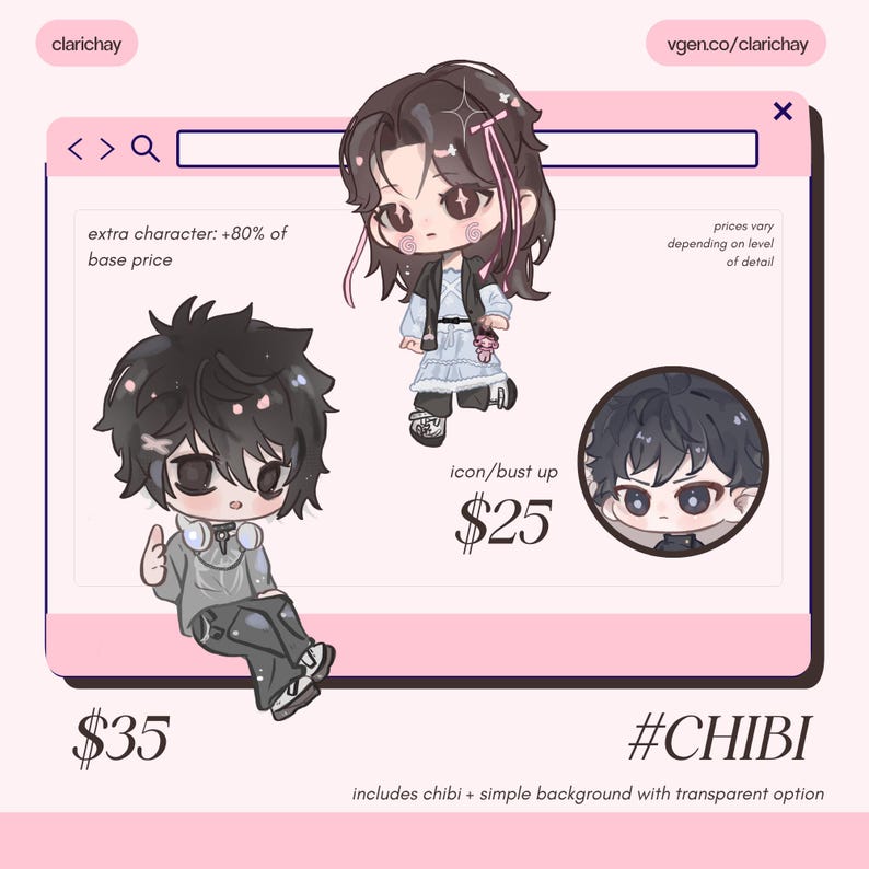 May include: A digital art commission sheet featuring two chibi-style characters with dark hair and detailed outfits. One character wears a light blue dress and black vest, while the other wears a grey shirt and dark pants. Includes text labels and pricing.
