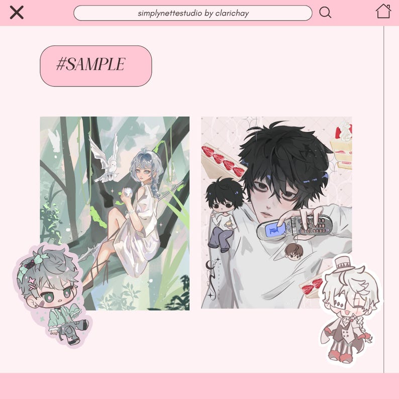 May include: Two digital illustrations featuring anime-style characters, one with a person in a white dress in a forest setting and another with a person holding a flip phone. Includes two smaller character stickers and the text #SAMPLE.