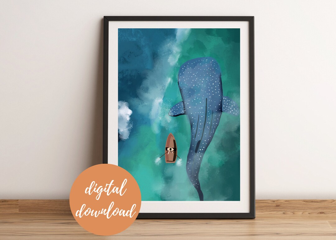 Whale Shark Digital Art Print Painting, Beach Themed Wall Decor, Aerial ...