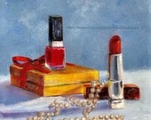 Lipstick and nail polish in shades of red and pink, 6x6 original oil painting still life on stretched canvas, WCaro