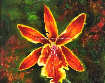 Orange Orchid XII, # 12,  wall art, 6x6 original square oil painting, cattleya,  ©WCaro