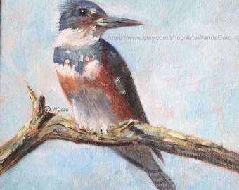 Kingfisher II , Texas female belted kingfisher, 8x8” original oil painting  on stretched canvas, bird 4 ©WCaro