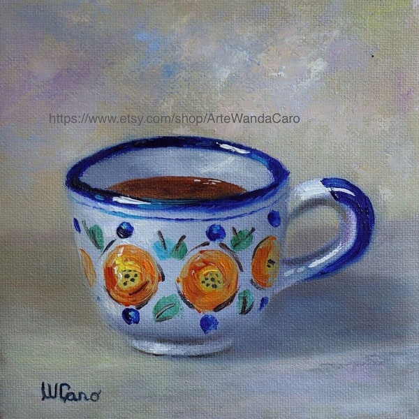 Talavera Espresso Coffee cup, 6x6” 0riginal oil on canvas ,Kitchen Wall art, coffee bar, Talavera style,  ©WCaro Sold ONLY@ETSY