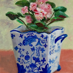 Blue and white vase or pot, Violets  wall art, 5x7” original still life oil painting, pink Saintpaulia flowers,  ©WCaro