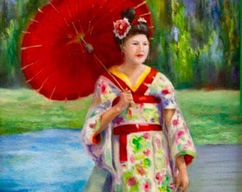 Portrait of woman in Japanese kimono ,floral Spring fabric, parasol, original oil painting 12x12" , asian theme