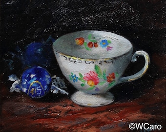 Coffee art, Chocolate, demitasse, original oil painting on 6x6" square canvas   ©WCaro