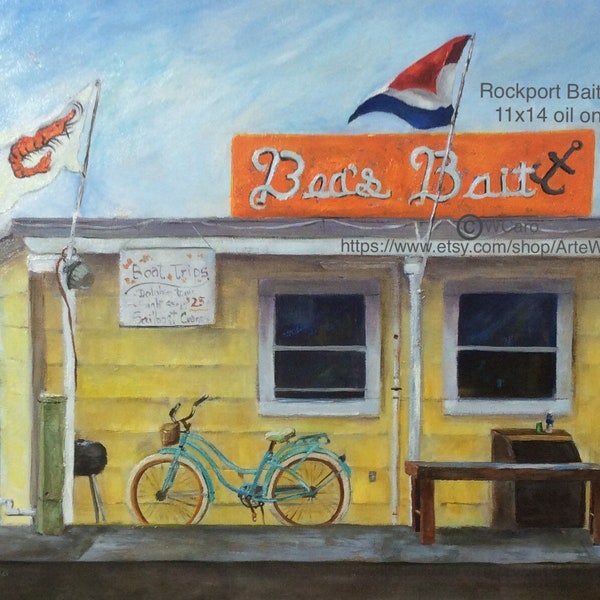 Rockport Bait Shop I, 11x14” oil painting linen canvas, Texas Gulf Coast, Bea's yellow Bait Tackle ,aqua bicycle,  ©WCaro Sold ONLY@ETSY